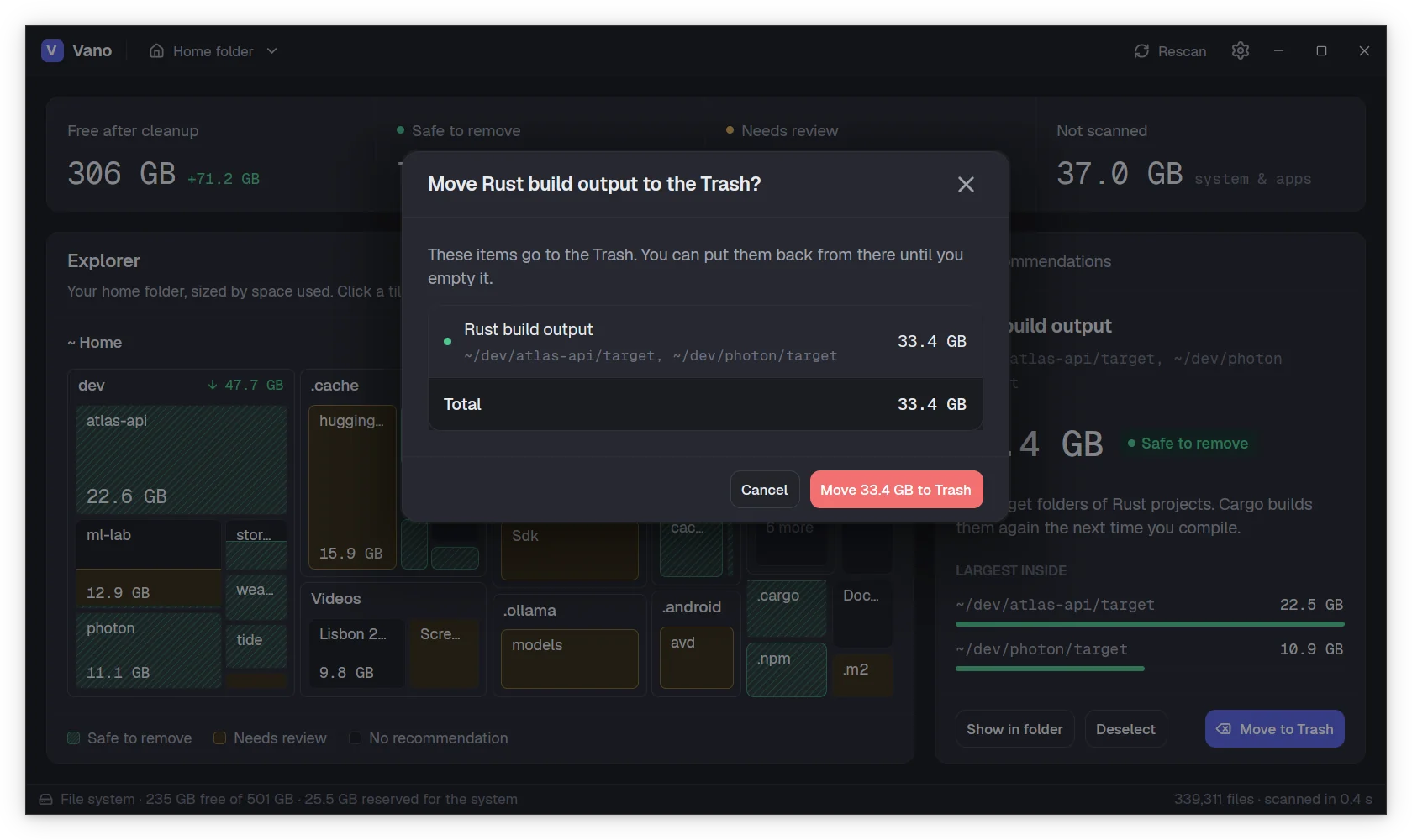 The confirmation to move the Rust build output, 33.4 GB, to the Trash.
