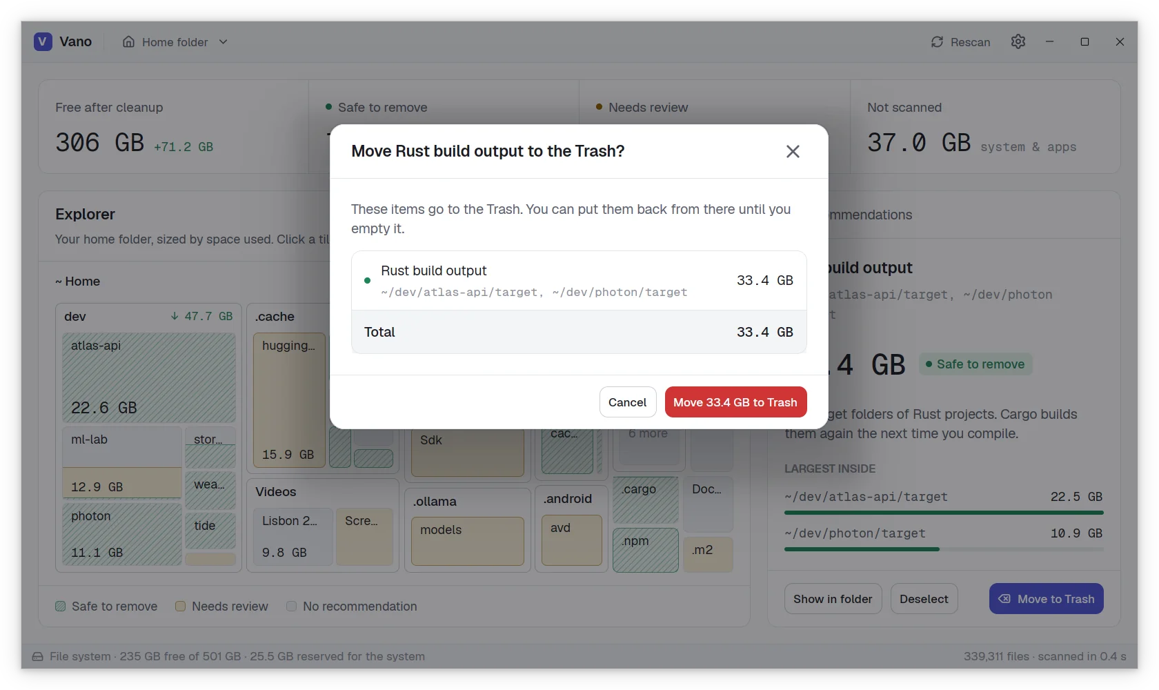 The confirmation to move the Rust build output, 33.4 GB, to the Trash.